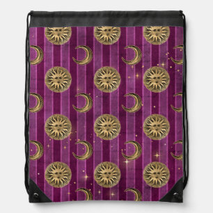 PURPLE WITH GOLD GOTHIC SUNS AND MOONS DRAWSTRING BAG