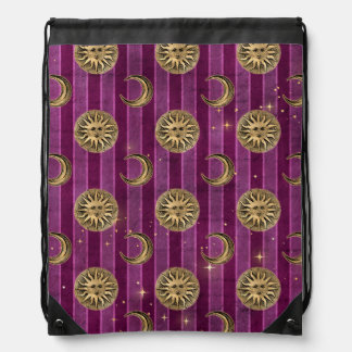 PURPLE WITH GOLD GOTHIC SUNS AND MOONS DRAWSTRING BAG