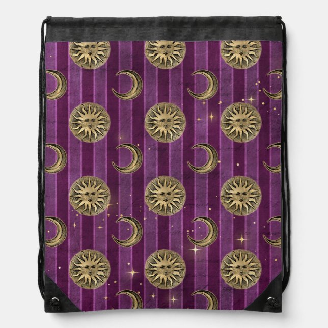 PURPLE WITH GOLD GOTHIC SUNS AND MOONS DRAWSTRING BAG (Front)