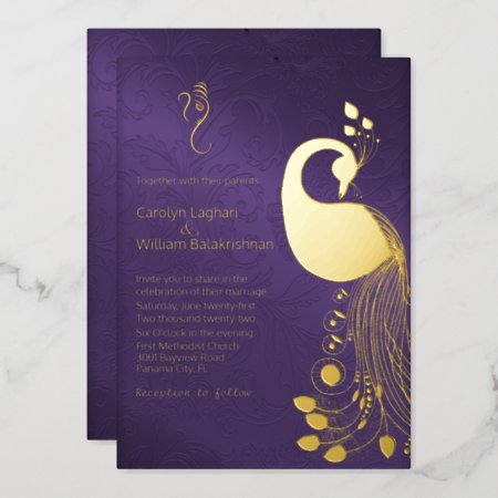 Purple With Gold Peacock And Ganesha Wedding  Foil Invitation