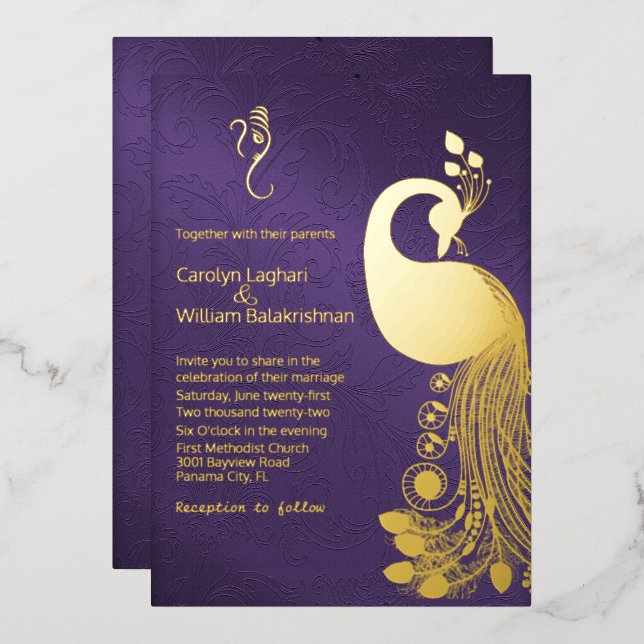 Purple with Gold Peacock and Ganesha Wedding  Foil Invitation (Front/Back)