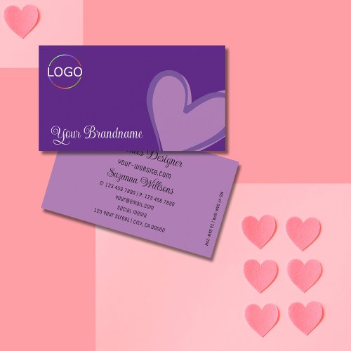 Purple with Gorgeous Lilac Heart and Logo Modern Business Card