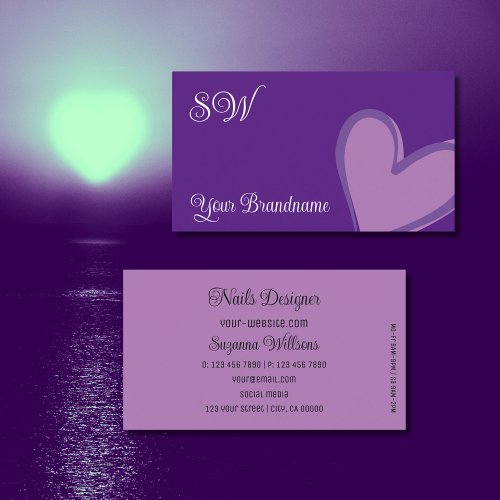 Purple with Gorgeous Lilac Heart and Monogram Cute Business Card