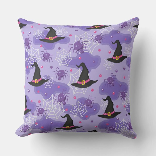 PURPLE WITH HALLOWEEN WITCHES HATS & SPIDERS THROW PILLOW (Front)