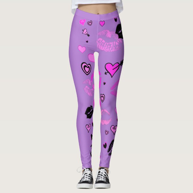 Purple with Hearts and Lips Leggings (Front)