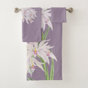 Purple with Pastel Pink Orchids Floral  Bath Towel Set