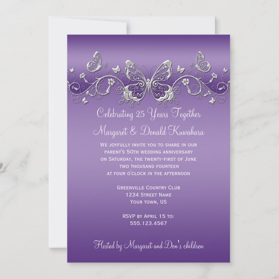 Purple with Silver Butterflies 25th Anniversary Invitation | Zazzle