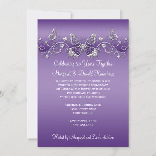 Purple with Silver Butterflies 25th Anniversary Personalized Invites
