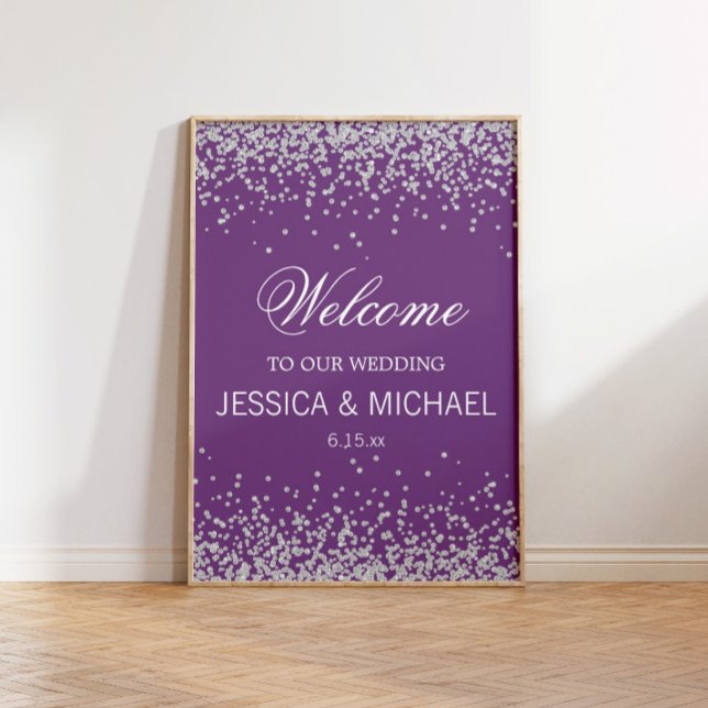 Purple with Sparkling Silver Glitter Wedding Poster (Custom purple "Welcome to our wedding" with silver glitter)