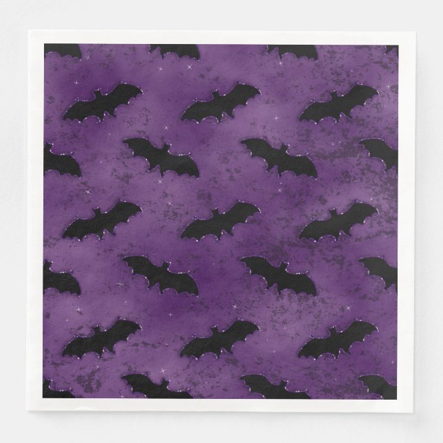PURPLE WITH SPOOKY BLACK HALLOWEEN BATS PAPER DINNER NAPKINS (Front)