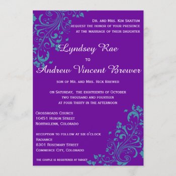 Purple with Turquoise Swirls Wedding Ivitation Invitation