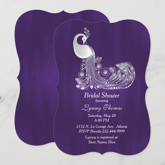 Purple with White Peacock Bridal Shower Invitation (Front/Back)
