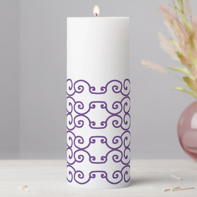 Purple with white scrolls pillar candle (In Situ)
