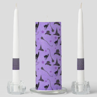PURPLE WITH WITCHES BROOMS HATS & BLACK CATS UNITY CANDLE SET