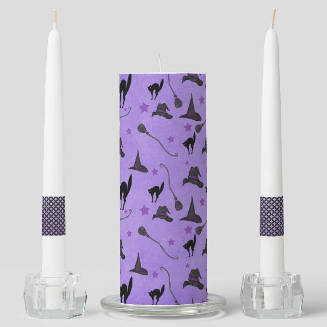 PURPLE WITH WITCHES BROOMS HATS & BLACK CATS UNITY CANDLE SET (Front)