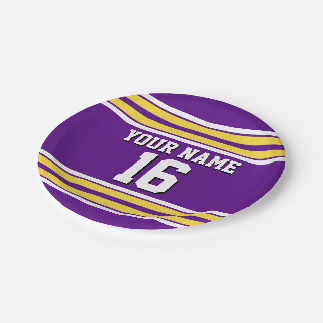 Purple with Yellow White Stripes Team Jersey Paper Plates (Angled)
