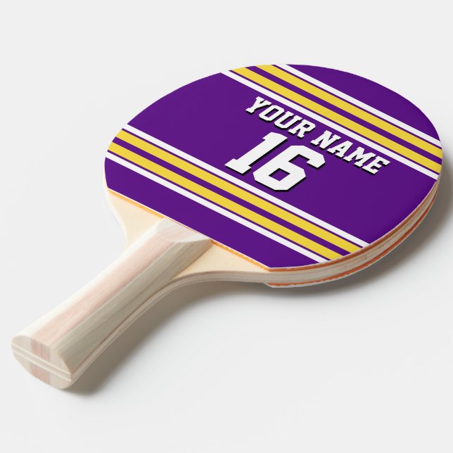 Purple with Yellow White Stripes Team Jersey Ping Pong Paddle (Front Angle)