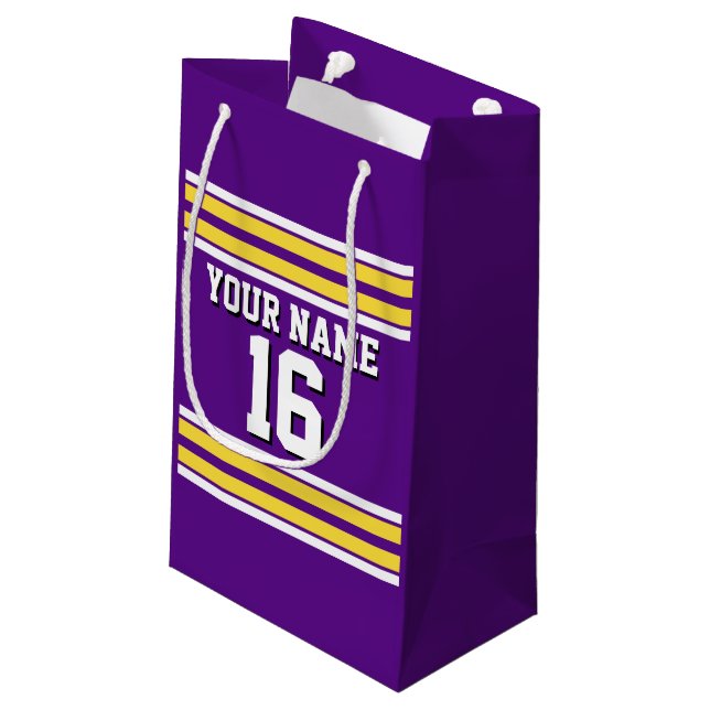 Purple with Yellow White Stripes Team Jersey Small Gift Bag (Back Angled)