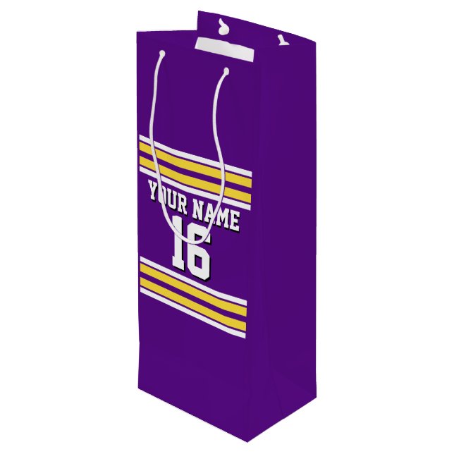 Purple with Yellow White Stripes Team Jersey Wine Gift Bag (Back Angled)