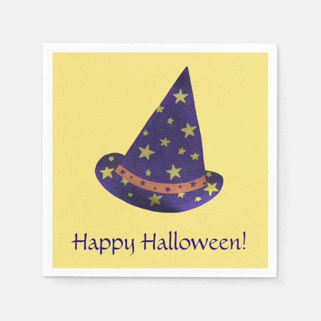Purple Wizard Hat Yellow Stars Halloween Napkins (Front)
