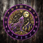 Purple Wolf Against Starry Night Skies Dart Board<br><div class="desc">Enhance your fishing hunting lodge with this captivating piece of art. A majestic purple wolf howls under a starry night sky, its vibrant tones contrasting beautifully with the golden moon. The intricate patterns and circular frame make this artwork an eye-catching addition to your man cave. Put your dartboard near a...</div>