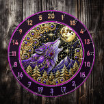 Purple Wolf Against Starry Night Skies Dart Board<br><div class="desc">Infuse your space with an air of mystery and beauty through this vibrant purple wolf design. With its dynamic lines and glowing golden moon, this artwork speaks to the explorer in all of us. The majestic wolf howls in harmony with the wilderness, evoking the thrill of the great outdoors. Display...</div>