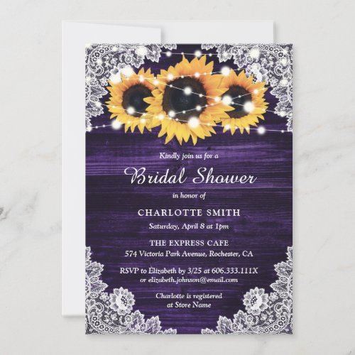Purple Wood and Lace Sunflower Bridal Shower Invitation