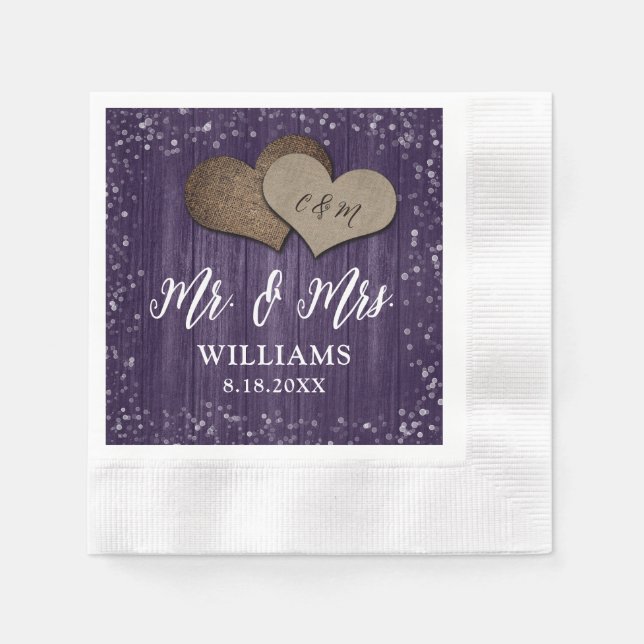 Purple Wood Burlap Hearts Mr. & Mrs. Wedding Napkins (Front)