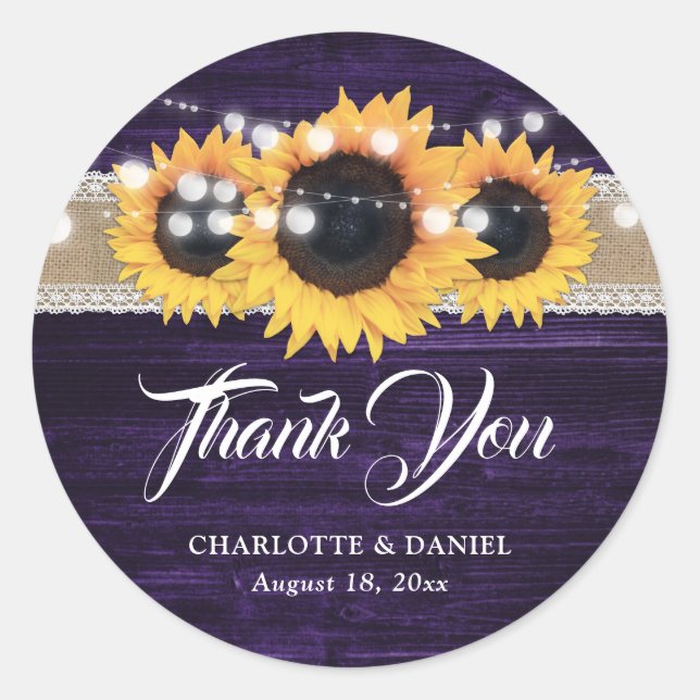 Purple Wood Burlap Lace Sunflower Wedding Classic Round Sticker (Front)