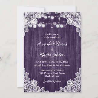 Purple Wood Floral Lace Romantic Rustic Wedding Invitation