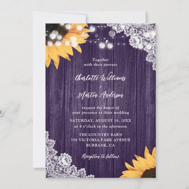 Purple Wood Floral Lace Sunflower Wedding Invitation (Front)