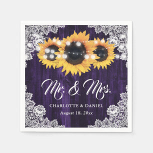 Purple Wood Floral Lace Sunflower Wedding Napkins