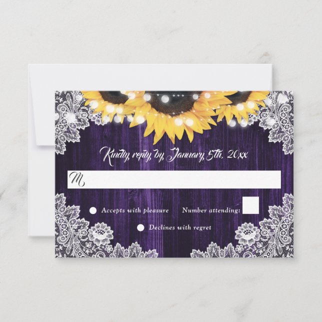 Purple Wood Floral Lace Sunflower Wedding RSVP Card (Front)