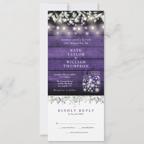 Purple Wood Floral Mason Jars All In One Wedding  Invitation