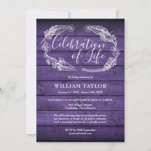 Purple Wood Foliage Celebration of Life Funeral Invitation