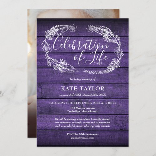 Purple Wood Funeral Celebration of Life Photo  Invitation