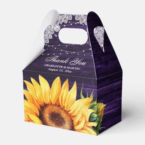 Purple Wood Lace String Lights Sunflower Wedding Favor Boxes