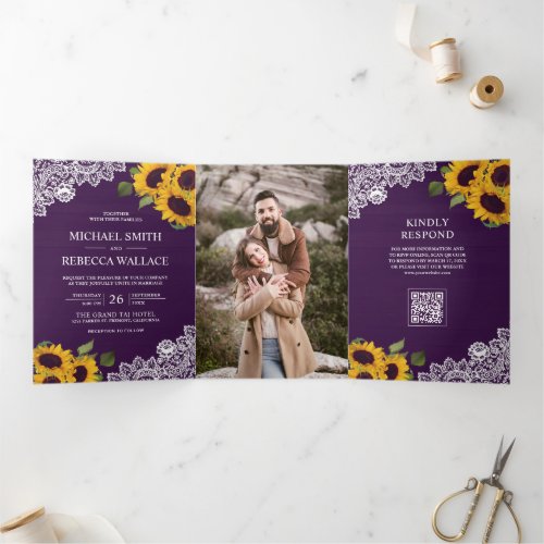Purple Wood Lace Sunflower Photo QR Code Wedding Tri-Fold Invitation