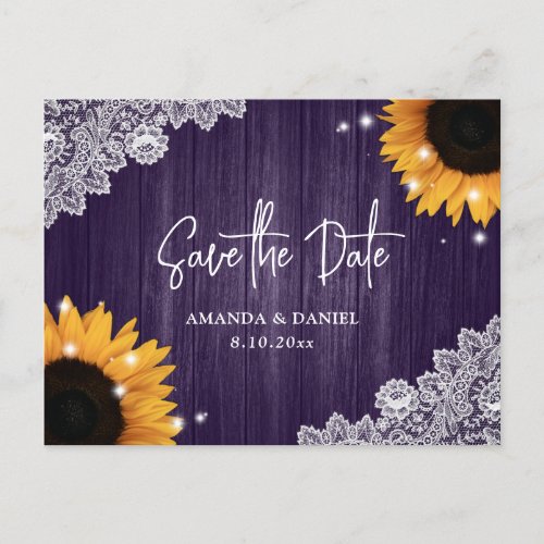 Purple Wood Lace Sunflower Save The Date Postcard
