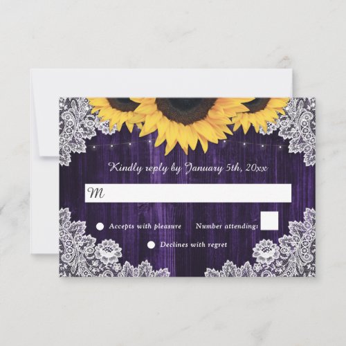 Purple Wood Lace Sunflower Wedding RSVP Cards