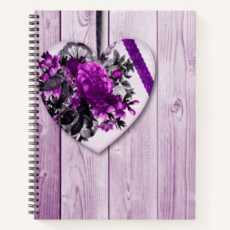 PURPLE WOOD LOOK & PURPLE FLOWERS IN HEARTS NOTEBOOK