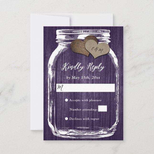 Purple Wood Mason Jar Hearts Initials Wedding RSVP (Front)