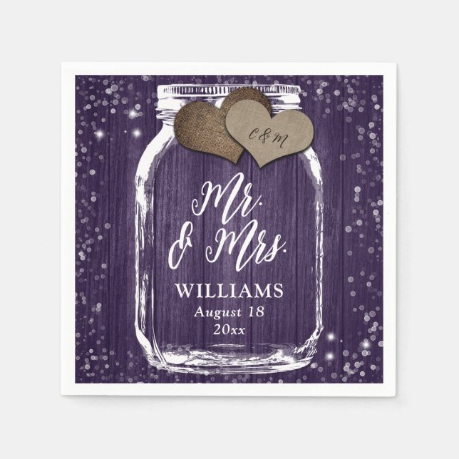 Purple Wood Mason Jar Rustic Mr. & Mrs. Wedding Napkins (Front)