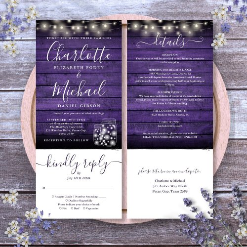 Purple Wood Mason Jars Lights All In One Wedding Invitation