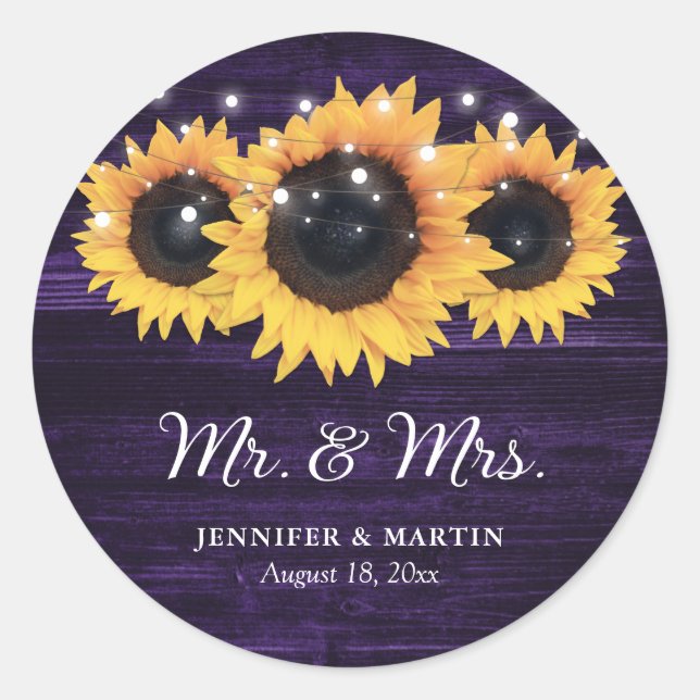 Purple Wood Mr and Mrs Sunflower Wedding Classic Round Sticker (Front)