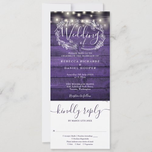 Purple Wood String Lights All In One Wedding Invitation