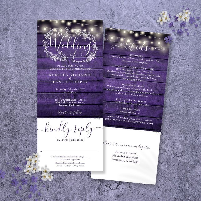 Purple Wood String Lights All In One Wedding Invitation (Purple Wood String Lights All In One Wedding Invitation)
