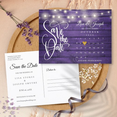 Purple Wood String Lights Calendar Save the Date Announcement Postcard