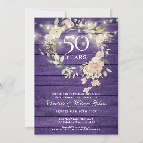 Purple Wood String Lights Floral 50th Anniversary Invitation