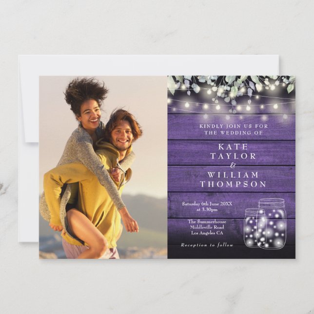 Purple Wood String Lights Floral Photo Wedding Invitation (Front)